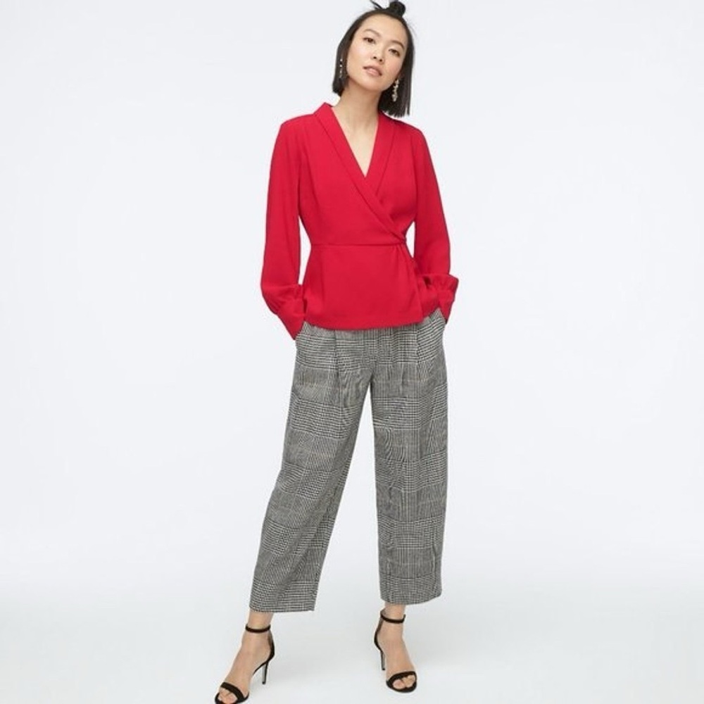 J. Crew Red Faux Wrap Textured Crepe Blouse.